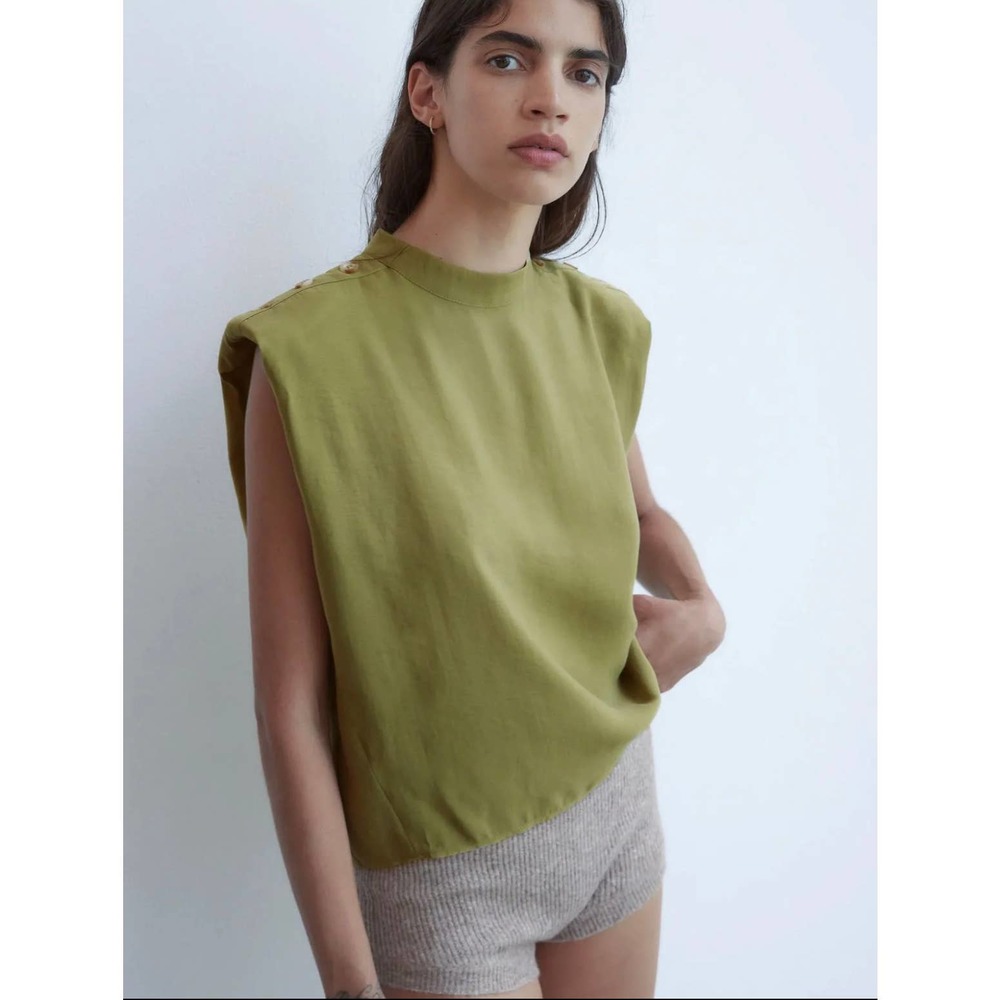 New Zara Shoulder Pad Top Buttons Mock Neck Boxy Fit XL
